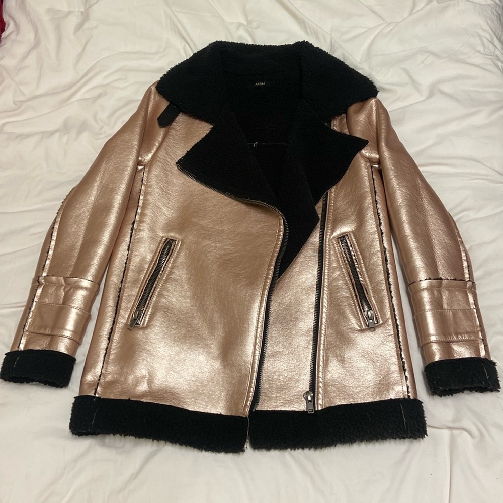 NWOT AFRM rose gold metallic faux leather shearling oversized moto jacket